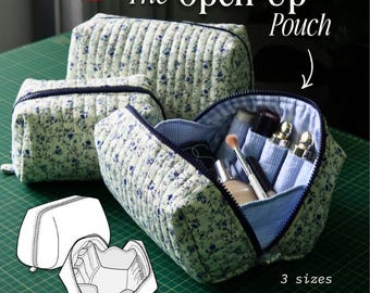 Open-Up Pouch PDF Sewing Pattern | Quilted Makeup Bag, Toiletry Travel Organizer (3 Sizes)
