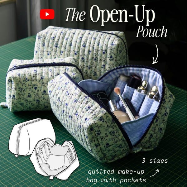 Open-Up Pouch PDF Sewing Pattern | Quilted Makeup Bag, Toiletry Travel Organizer (3 Sizes)