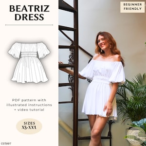 Puff Sleeves Off The Shoulders Dress Cottage Core Digital PDF Sewing Pattern Easy Beginner Friendly | Size XS-XXL | Beatriz Dress