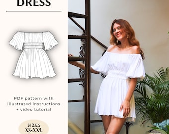 Puff Sleeves Off The Shoulders Dress Cottage Core Digital PDF Sewing Pattern Easy Beginner Friendly | Size XS-XXL | Beatriz Dress