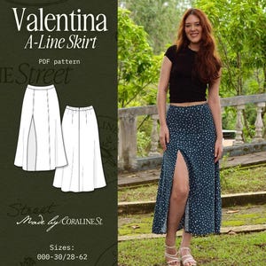 May include: A sewing pattern for an A-line skirt, labelled "Valentina". The pattern includes illustrated instructions and a video tutorial. The image also shows a woman wearing a dark teal skirt with white polka dots.