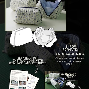 May include: Three floral print pouches in different sizes, one open to show the inside. The image also includes diagrams, instructions, and a video tutorial for the "Open-Up Pouch" sewing project. The PDF formats are A0, A4, and US Letter.