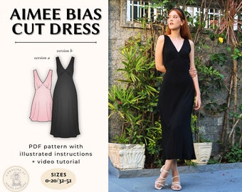 Schrägschnitt Kleid V-Ausschnitt Raffung Büste Kleid Digitales PDF Schnittmuster Einfach Anfängerfreundlich | US-Größe 00-20 | Aimee Kleid