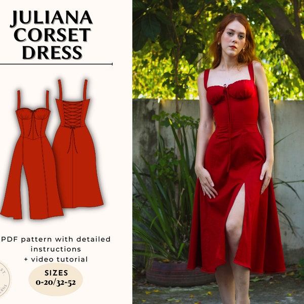 Corset Dress Gathered Bust Foam Cup Flare Midi Skirt Side Slit Cottage Core Digital PDF Sewing Pattern US Size 00-20 | Juliana Corset Dress