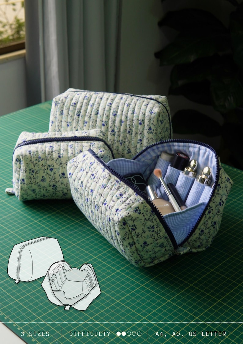 May include: Three quilted fabric pouches with a blue floral pattern on a white background, featuring dark blue zippers. One pouch is open, revealing internal pockets holding cosmetic items. A line drawing shows the pouch structure. Text reads: 3 SIZES, DIFFICULTY, A4, A0, US LETTER.