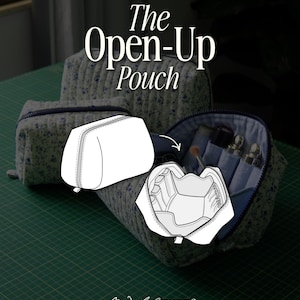 May include: Diagram of a cosmetic pouch called "The Open-Up Pouch" with a floral pattern. The image shows the pouch open, revealing internal compartments. Text includes "Made by Coraline St." and size details.