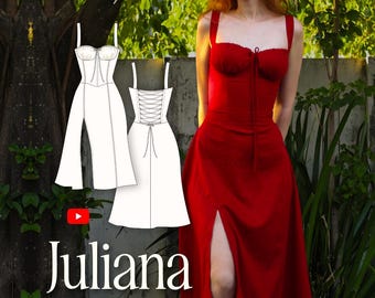 Juliana Corset Dress Sewing Pattern: Bustier Bodice, Midi Skirt (PDF Pattern US 00-20)