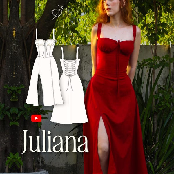 Juliana Corset Dress Sewing Pattern: Bustier Bodice, Midi Skirt (PDF Pattern US 00-20)