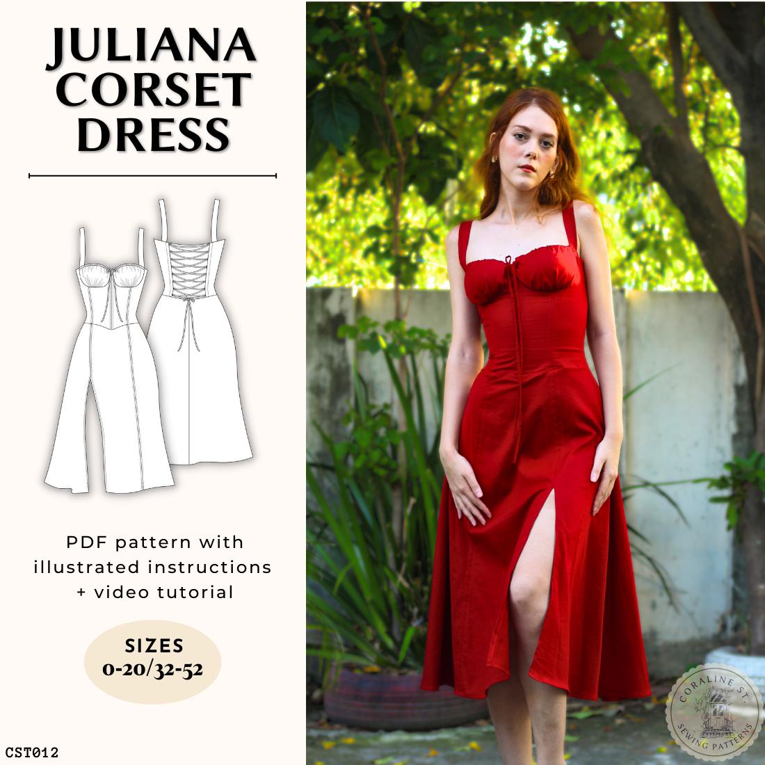 Juliana Corset Dress Sewing Pattern: Bustier Bodice, Midi Skirt (PDF Pattern US 00-20)