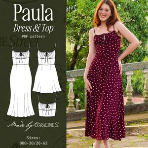 May include: A burgundy midi dress with white polka dots, thin spaghetti straps, and a gathered neckline with a center tie. The image includes a technical line drawing of the dress and top pattern labeled Paula, Made by Coraline St.