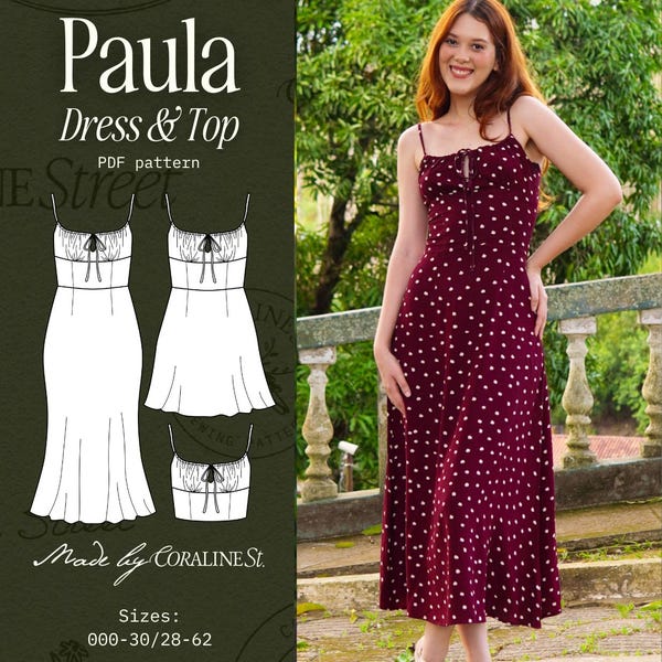 Paula-jurk en top pdf naaipatroon | Melkmeisje gerimpelde buste A-lijn midi mini | Maten 28–62 | Video-tutorial