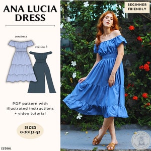 Naaipatroon off-shoulder aangerimpelde jurk: gelaagde rok of rok met split (VS 00-20) (pdf-patroon)
