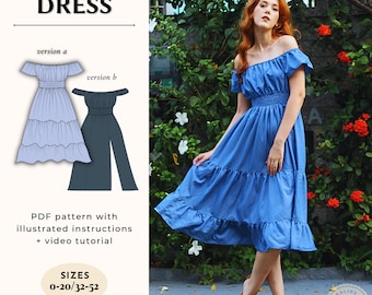 Off-Shoulder Shirred Dress Sewing Pattern: Tiered or Slit Skirt (US 00-20) (PDF Pattern)