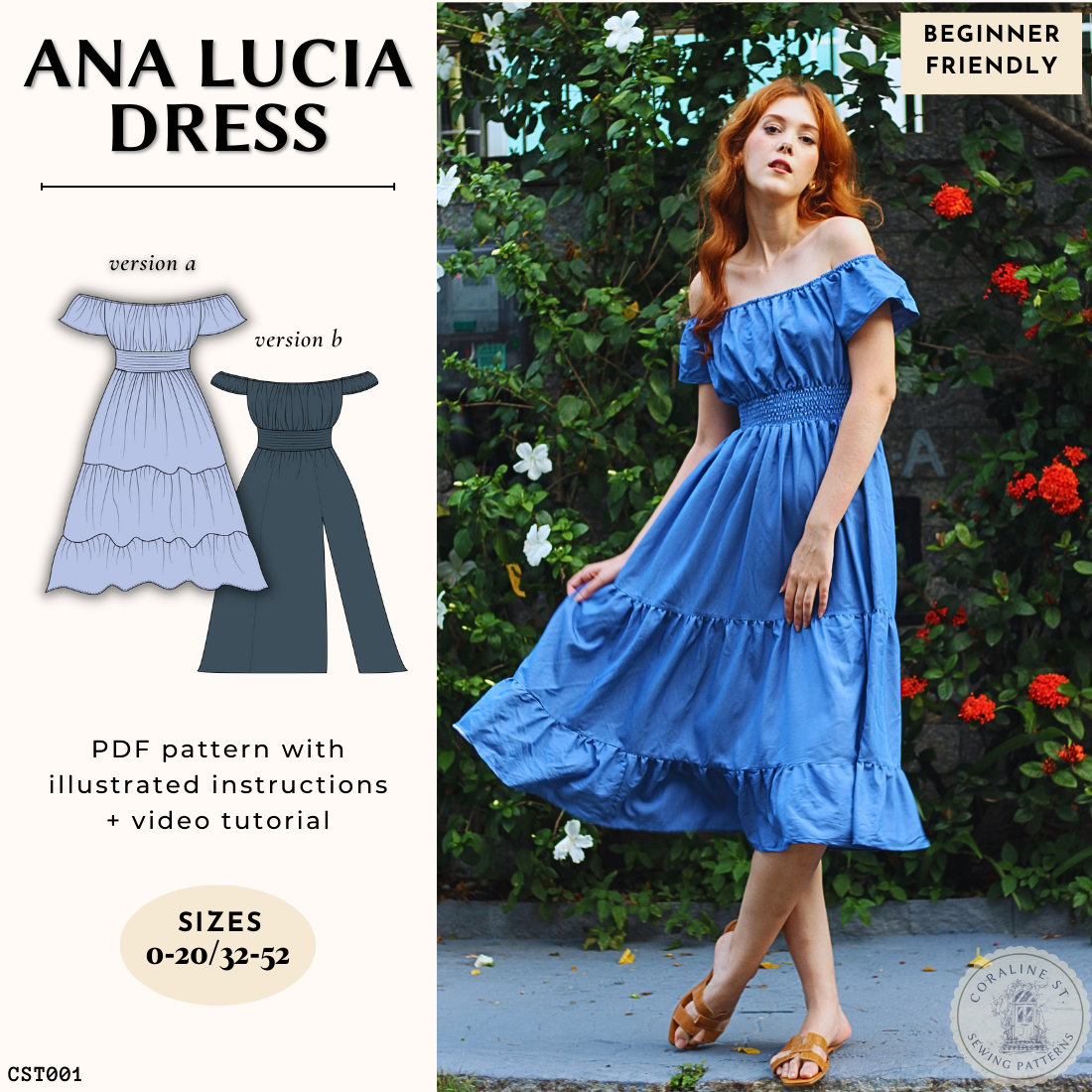 Off-Shoulder Shirred Dress Sewing Pattern: Tiered or Slit Skirt (US 00-20) (PDF Pattern)