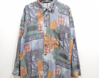 80/'s Women/'s Hawaiian Shirt Short Sleeve Blue Black Gold Turquoise Cool Print Button Down 100/% Rayon Tiny Collar Vintage by CALICHE Size S