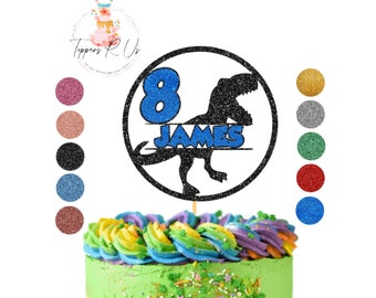 Personalised Name and Age Glitter Dinosaur Cake Topper, Dinosaur Themed Party Cake Topper, Jurassic Park Cake Topper, T Rex Cake Topper.