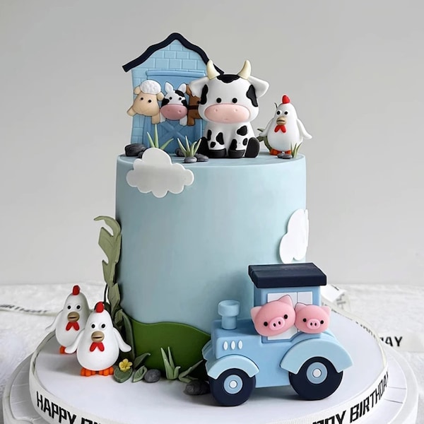 Juego de adornos para pastel con temática de animales de granja, adorno de vaca, adorno de pollo/gallo, adornos de animales de establo, adorno de cerdo, juego de adornos para pastel de animales para fiestas.