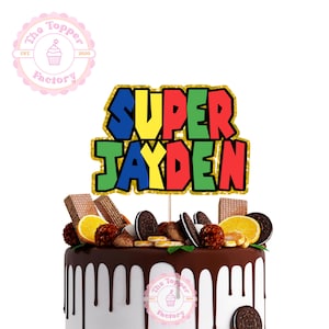 Custom Super Mario Bros Cake Topper – “SUPER + [Name of choice]” – Glitter or Mirror Card – 5″ Birthday Cake Decor