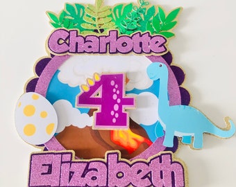 Personalised name and age Dinosaur themed cake topper set, Custom party accessories