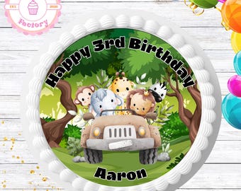 Safari Cake Topper: Jungle Animals, Custom Name & Age