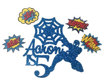 Spider-Man Inspired Personalised Glitter Cake Topper With Name and Age Superhero Party Decorations
