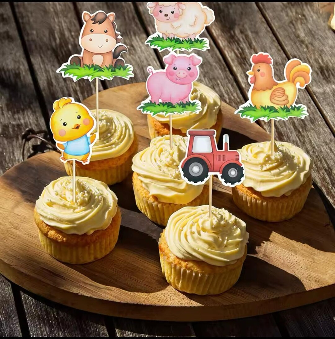 12 X Farm Themed Animal Cupcake Topper Set, Cow Topper, Chicken Topper ...