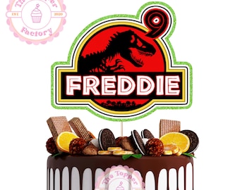 Personalised Dinosaur Cake Topper – Custom Name & Age – Dinosaur Theme – 5.5” – Glitter Backing – Birthday Party Decoration