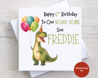 Personalised Dinosaur Birthday Card – Cute T-Rex with Balloons – Roar-some Son Birthday