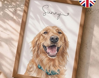May include: A framed portrait print featuring a golden retriever dog with a teal collar. The name Sunny is written in black cursive script above the dog, accompanied by a small heart icon. The artwork is displayed in a light wood frame.