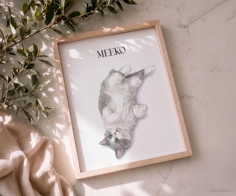 Op de afbeelding: Een rechthoekige lijst van licht hout met een witte print van een grijs-witte kat die op de rug ligt met de pootjes ingetrokken. De naam MEEKO staat in zwarte hoofdletters boven de illustratie van de kat op de witte achtergrond.
