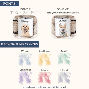 May include: Image showcasing two personalized dog mugs with different fonts and dog illustrations. The mugs feature the names "Bailey" and "Charlie." The image also displays background color options: Wave, Sunflower, Mint, Lavender, Berry, and Cloud.