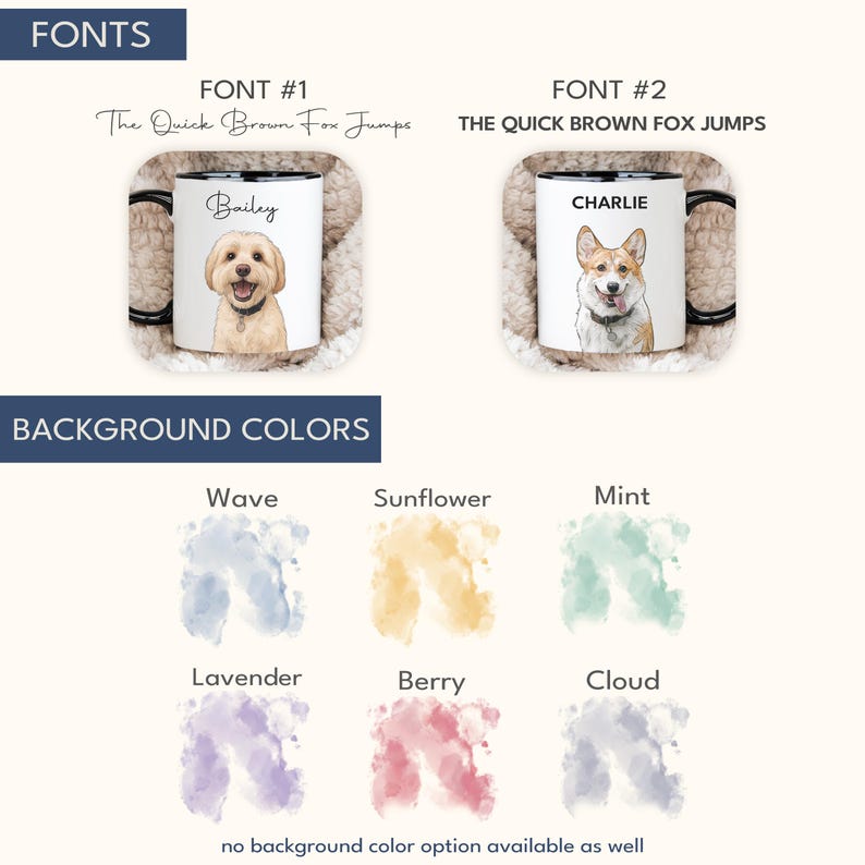 May include: Image showcasing two personalized dog mugs with different fonts and dog illustrations. The mugs feature the names "Bailey" and "Charlie." The image also displays background color options: Wave, Sunflower, Mint, Lavender, Berry, and Cloud.