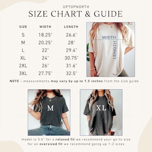Op de afbeelding: Maattabel en gids voor T-shirts, met afmetingen in inches. Maten vari&euml;ren van S tot 3XL, met bijbehorende breedte- en lengtematen. De afbeelding toont modellen die T-shirts dragen in de maten M en XL. De tekst "UPTOPNORTH" staat bovenaan.