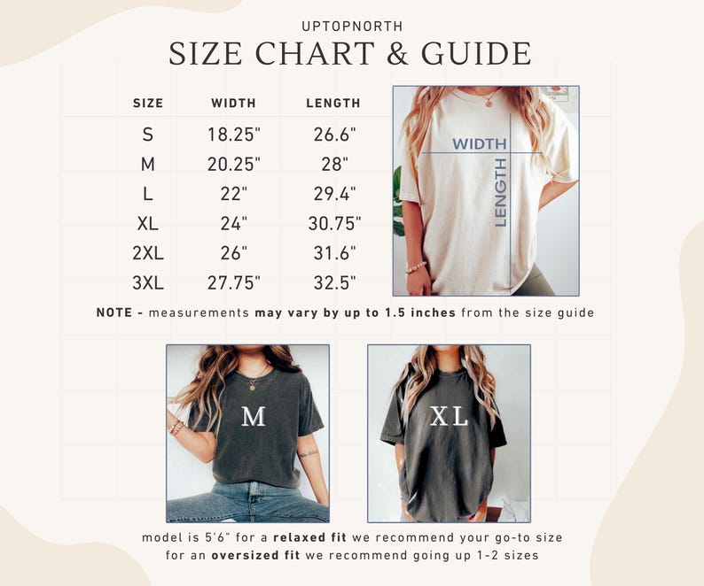 Op de afbeelding: Maattabel en gids voor T-shirts, met afmetingen in inches. Maten vari&euml;ren van S tot 3XL, met bijbehorende breedte- en lengtematen. De afbeelding toont modellen die T-shirts dragen in de maten M en XL. De tekst "UPTOPNORTH" staat bovenaan.