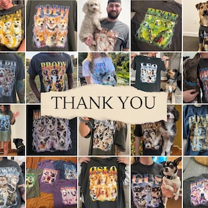May include: A collection of dark-colored t-shirts featuring custom graphic prints of various pets. Each shirt displays a collage of multiple photographs of a specific animal, with the pet's name printed in large, bold, colorful, retro-style lettering.