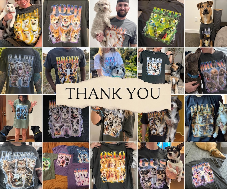 May include: A collection of dark-colored t-shirts featuring custom graphic prints of various pets. Each shirt displays a collage of multiple photographs of a specific animal, with the pet's name printed in large, bold, colorful, retro-style lettering.