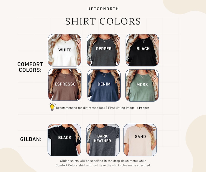 Pu&ograve; includere: Immagine che mostra una variet&agrave; di colori di magliette: bianco, pepe, nero, espresso, denim, muschio, erica scuro e sabbia. Il testo indica che le magliette sono disponibili negli stili Comfort Colors e Gildan, con una nota sull'aspetto invecchiato.