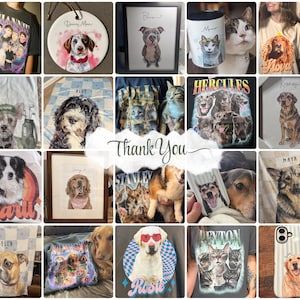 May include: A collage of custom pet-themed merchandise including t-shirts, blankets, framed portraits, mugs, and phone cases featuring various dogs and cats with names like Daisy Mae, Blue, Hercules, Charli, Maya, Bella, Rosie, and Peyton.