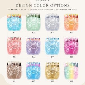 May include: A grid of twelve graphic design color options labeled #1 through #12. Each option features the word CUSTOM in a metallic font above the text UPTOPNORTH, set against a background of lightning bolts in various colors including blue, green, purple, orange, pink, and gold.