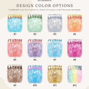 May include: A grid of twelve graphic design color options labeled #1 through #12. Each option features the word CUSTOM in a metallic font above the text UPTOPNORTH, set against a background of lightning bolts in various colors including blue, green, purple, orange, pink, and gold.