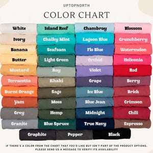 May include: Color chart from Uptopnorth, featuring a variety of fabric colors. The chart includes shades like white, blue, green, pink, and orange, with names such as "Blossom," "Seafoam," and "True Navy." Text at the bottom encourages inquiries for colors not listed.