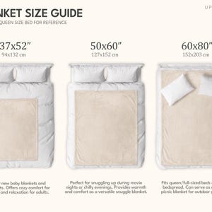 May include: A blanket size guide infographic titled BLANKET SIZE GUIDE with UPTOPNORTH branding. It displays three beige blankets on white beds with dimensions 37x52 inches, 50x60 inches, and 60x80 inches, referencing a standard queen size bed.