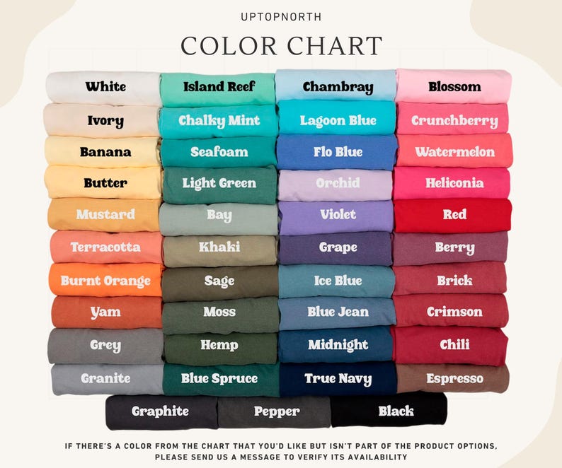 Op de afbeelding: Kleurenkaart van Uptopnorth, met een verscheidenheid aan stoffen kleuren. De kaart bevat tinten als wit, blauw, groen, roze en oranje, met namen als "Blossom", "Seafoam" en "True Navy". De tekst onderaan moedigt aan tot vragen naar niet-vermelde kleuren.