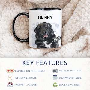May include: White ceramic mug with a black handle and rim, featuring a watercolor illustration of a black dog with the name "HENRY". The mug is printed on both sides, microwave and dishwasher safe.
