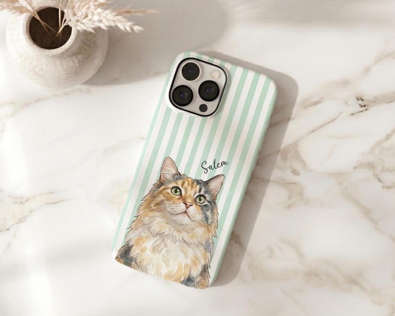 May include: A phone case featuring a light mint green and white vertical striped pattern with a watercolor-style illustration of a calico cat. The name Salem is printed in a cursive script above the cat's head, and the case has a camera cutout.