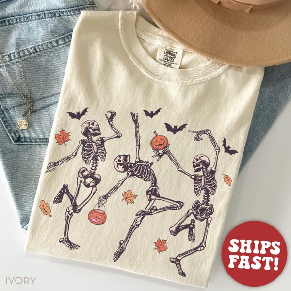 Comfort Colors® Dancing Skeleton Shirt, Halloween Shirt, Pumpkin Shirt, Retro Halloween Shirt