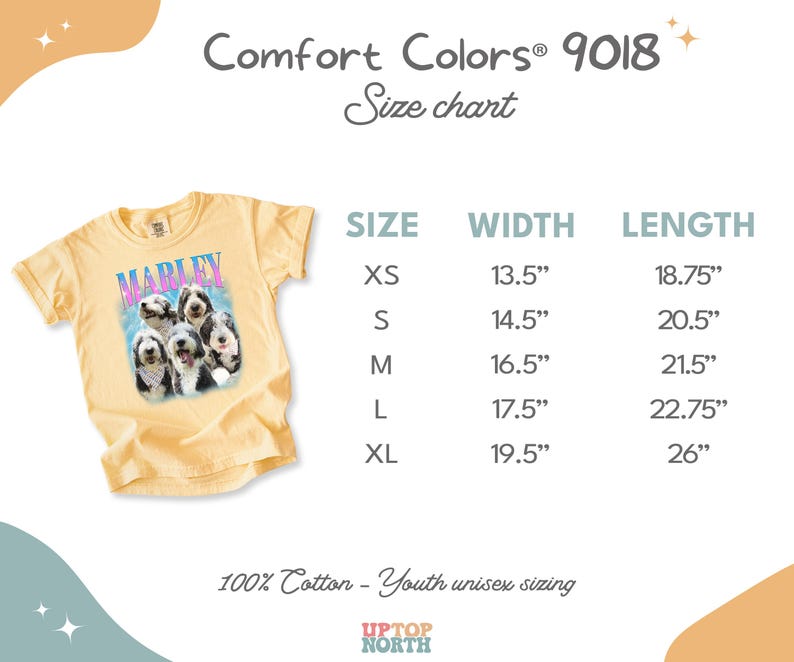 May include: A pale yellow t-shirt featuring a graphic of four dogs and the name MARLEY in blue and pink text. A size chart displays widths and lengths in inches for sizes XS through XL, ranging from 13.5 to 19.5 inches wide and 18.75 to 26 inches long.