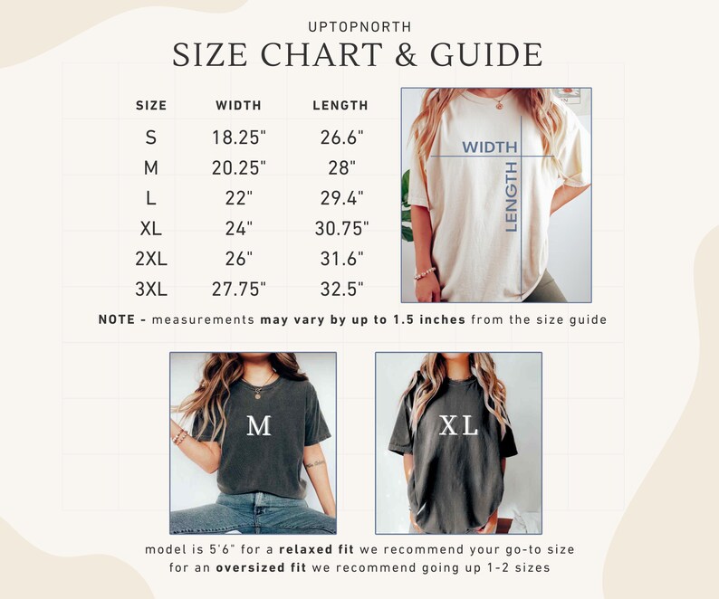 May include: A size chart and guide for t-shirts, with measurements in inches. The chart includes sizes S to 3XL, with corresponding width and length dimensions. The image also features two models wearing t-shirts, with size labels M and XL. The text says "UPTOPNORTH".