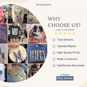 May include: A promotional image showcasing a range of products, such as t-shirts and mugs, adorned with custom dog portraits. The image includes the text "WHY CHOOSE US?" and "16,000+ 5 STAR REVIEWS". The Etsy and BuzzFeed logos are also visible.