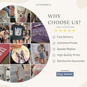 May include: A collage of various products, including t-shirts, mugs, and a coaster, each featuring custom pet portraits. The image also includes text that says "Why Choose Us?" and "Featured on Etsy BuzzFeed."